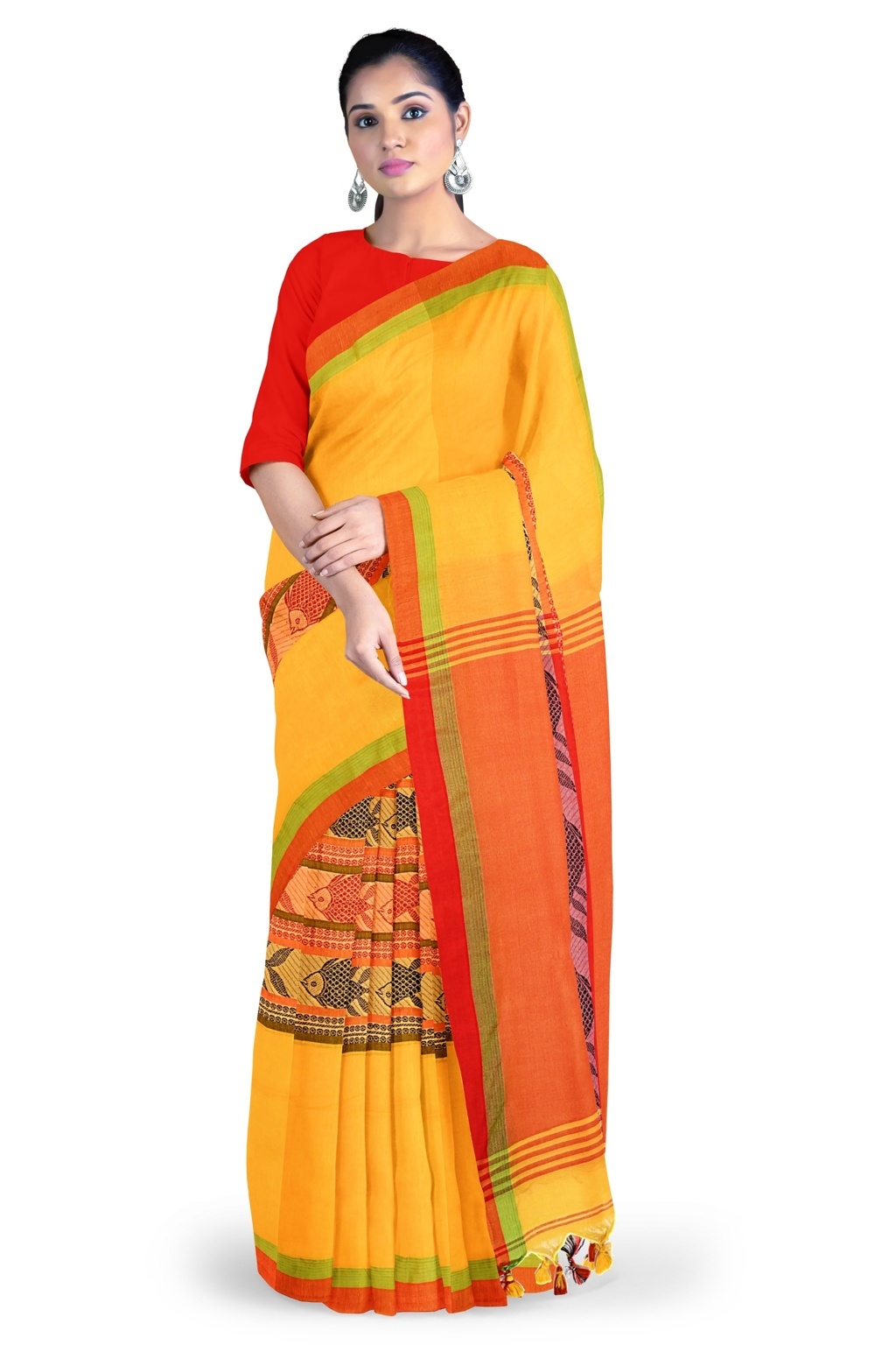 Yellow Red Pure Cotton Marine Hand Loom Saree (1279)